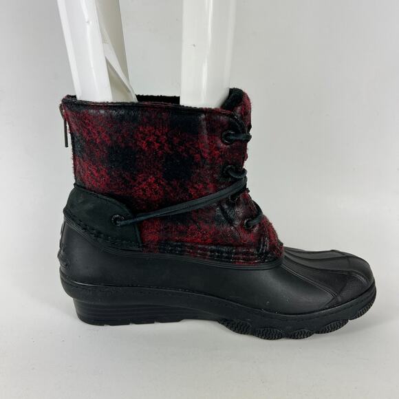 Sperry wedge duck boots women’s 6.5 black red Buffalo check fall slip on secret - Picture 3 of 11